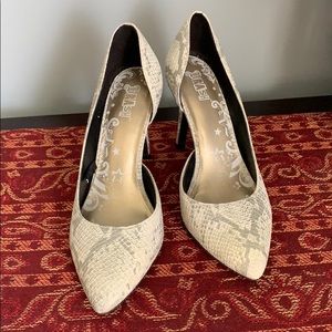 White and grey snakeskin heels